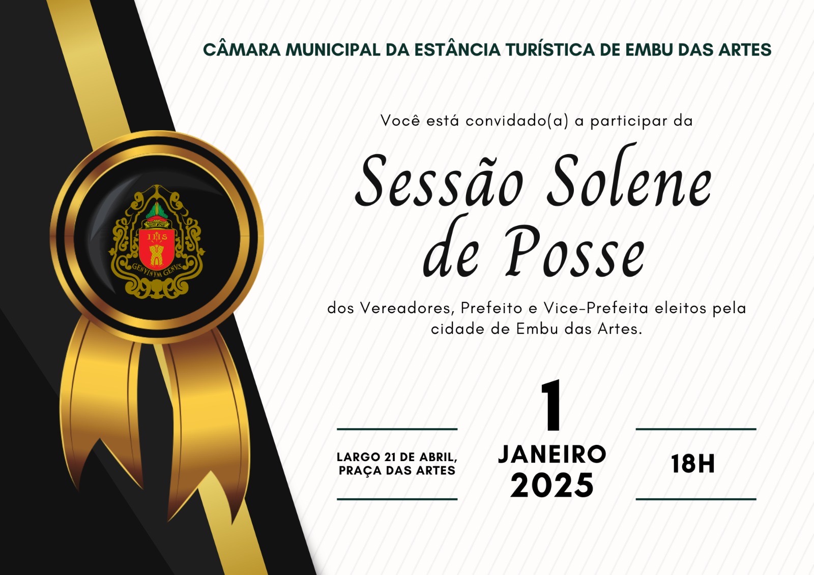 Sessão Solene de Posse será no dia 1º, às 18h, na Praça das Artes